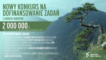 Grafika komunikująca ogłoszenie konkursu na dofinansowanie zadań z zakresu turystyki