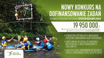 Grafika ogłaszająca konkurs z zawodnikami kajak-polo w tle